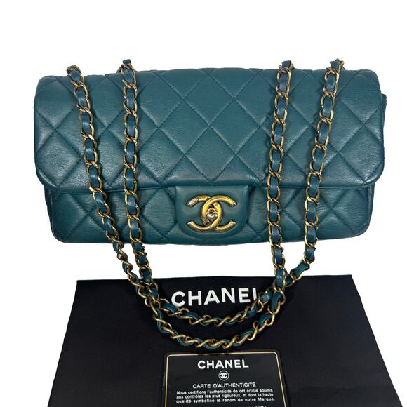 CHANEL Handbags - Chanel Teal Flap Bag CC Quilted Matelasse Lambskin Leather Gold HW Authentic